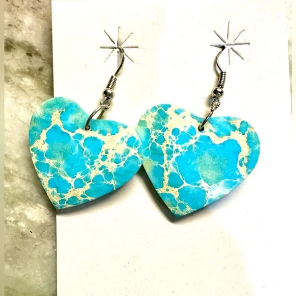 NWT Blue Indigo Genuine Turquoise Slab Heart Earrings - Picture 3 of 7
